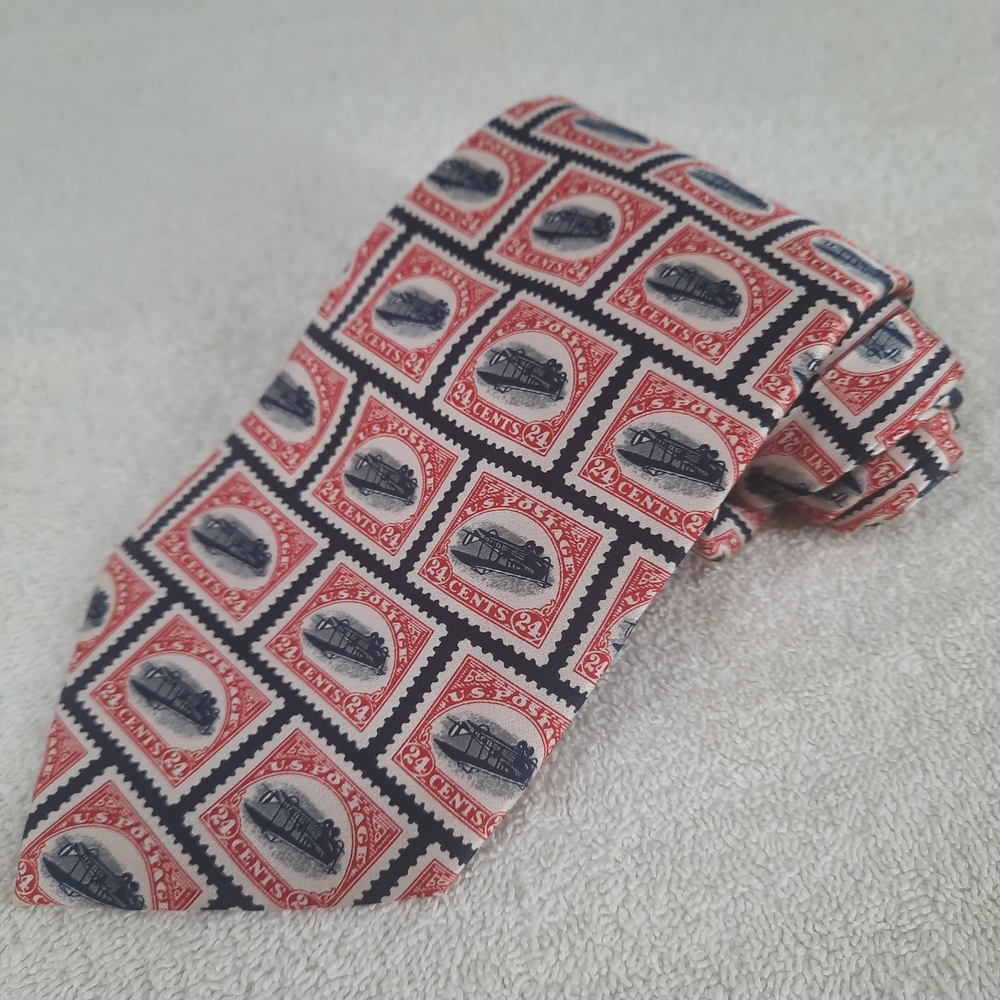 Museum Artifacts Inverted Jenny Aircraft Postage Stamp Pattern Silk Men's Tie